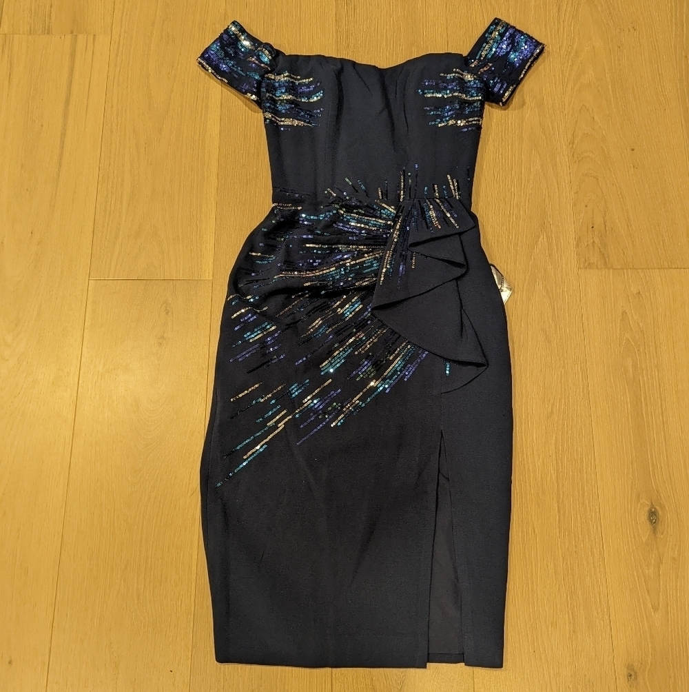 Dress the Population Strapless Navy Dress with Sequin Accents